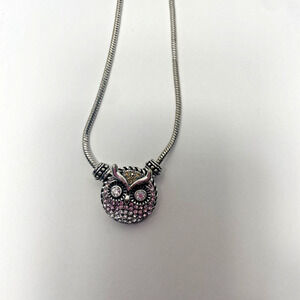 Rhinestone Owl Pendant Necklace Silver Tone Snake Chain 20"